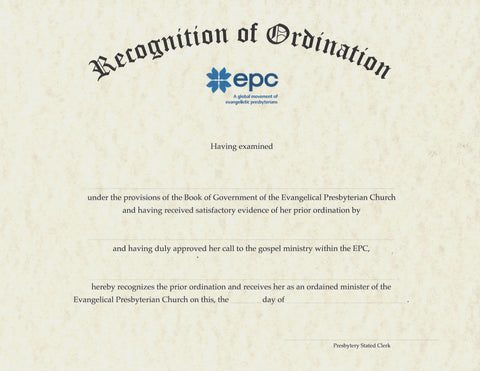 Certificate for Recognition of Ministerial Ordination, Female