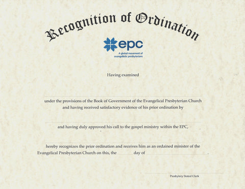 Certificate for Recognition of Ministerial Ordination, Male