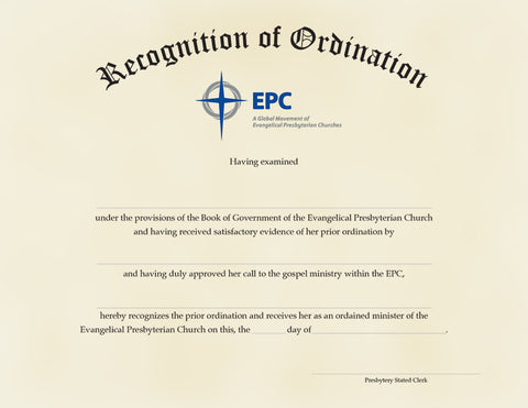 Certificate for Recognition of Ministerial Ordination, Female